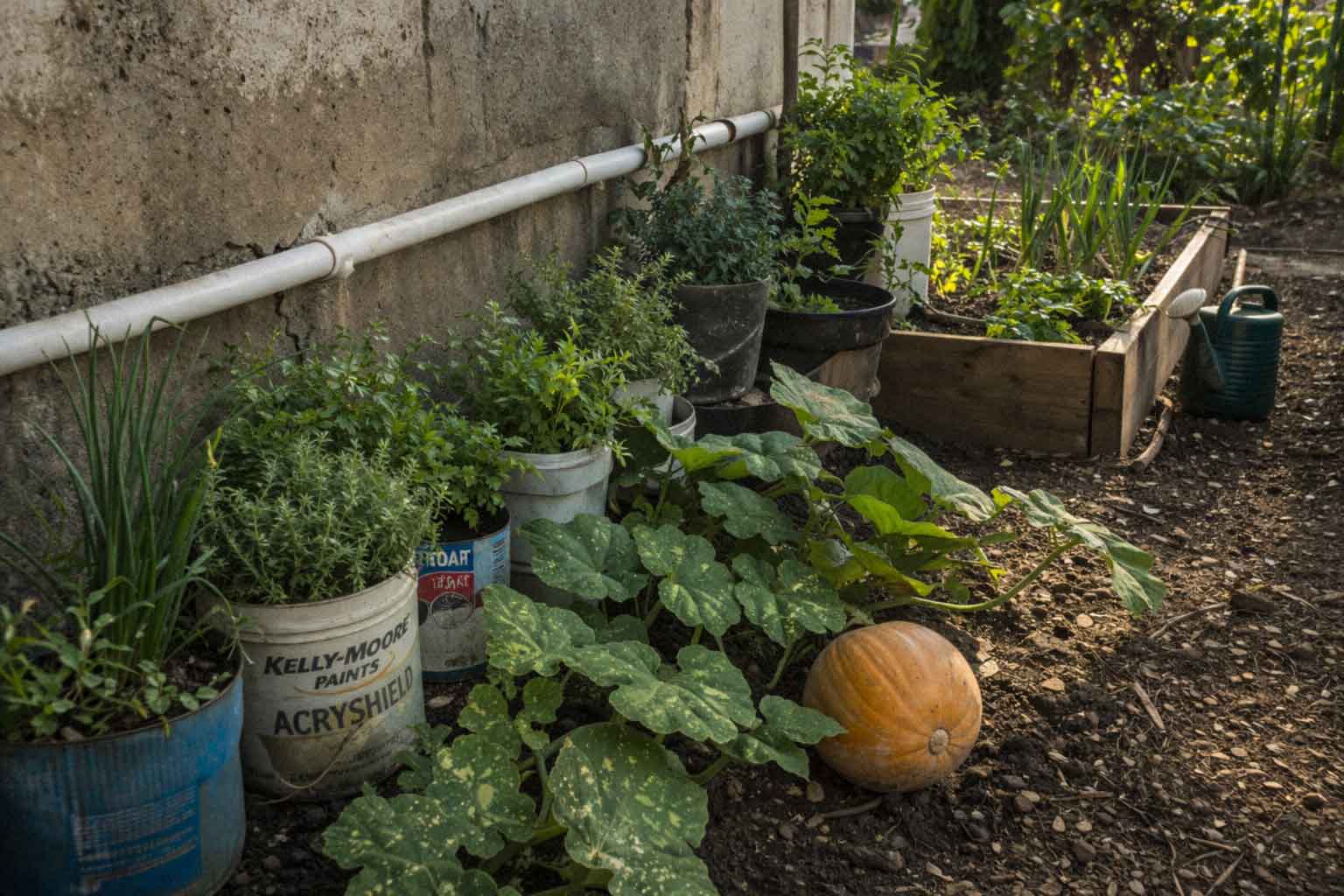 Rustic garden with herbs and pumpkins