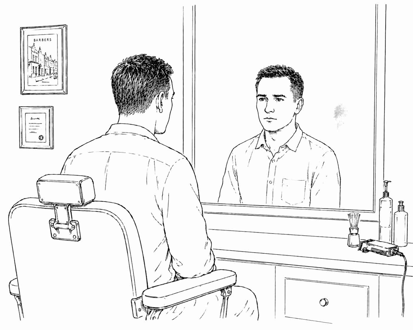 sketch of a man observing himself in a mirror