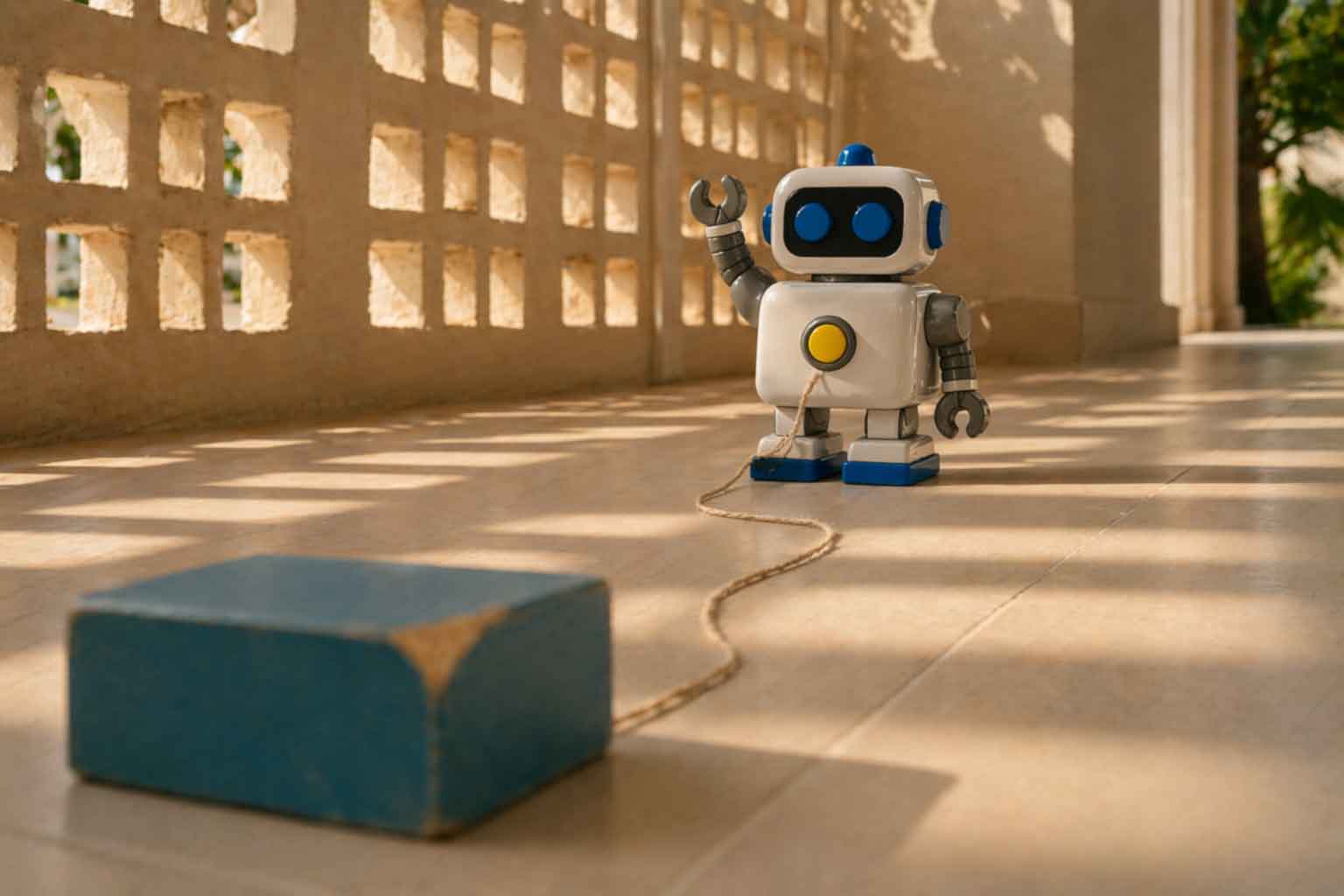 Playful robot in sunlit breezeway
